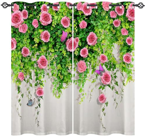 ANHOPE Rose Curtains Eyelet Thermal Insulated Blackout Curtains Pink Rose Leaf Butterfly Print Pattern Ring Top Drapes for Kids Girls Bedroom Living Room 30 x 63 Inch Drop 2 Panels