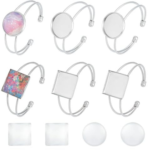 UNICRAFTALE 6 Sets 2 Stile DIY Blank Armreif Making Kits Flache Runde Messing Manschette Armreif Cabochon Einstellungen Einstellbar Quadratisch Offen Blank Armreif Armband mit Cabochons für DIY