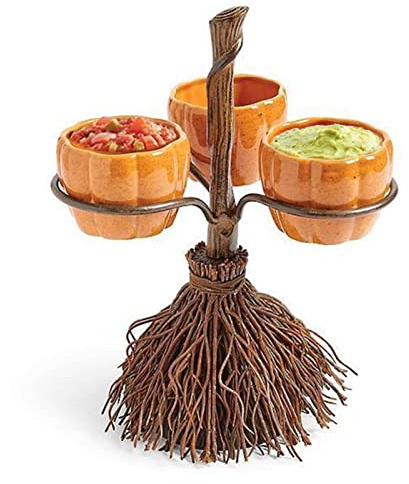 Tuzsocr Halloween Pumpkin Snack Bowl Stand,Resin Pumpkin Bowls on Witch’s Broom,Halloween Candy Bowl,Halloween Creative Tiered Tray,Dessert Fruit Stands for Halloween Xmas Party Decorations (Style 1)
