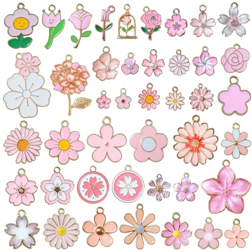 RYXZEN 43 Stil Charms Anhänger Set Kleine Anhänger Blumen Emaille Pink Flower Themen Charms Set für Armbänder Ketten Bastelset Erwachsene Frauen zum Basteln DIY Schmuck Schlüsselanhänger Selber Machen