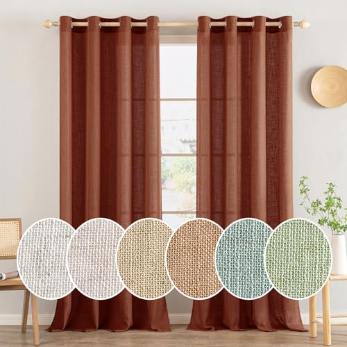 MIULEE Gardinen Leinen mit ösen Halbtransparent Vorhänge Ziegelrot 225x140 | 2er Set, Leinenoptik Modern Voile Ösenvorhang, für Wohnzimmer Kinderzimmer Raumteiler, schlaufenvorhang