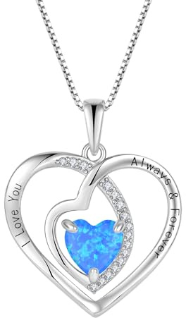 JO WISDOM Damen Halskette Herz Silber 925,Kette Anhänger mit 3A Zirkonia Blau Feuer Opal Graviert Ich liebe dich immer und für immer,Schmuck für Frauen Mutter Frau sie