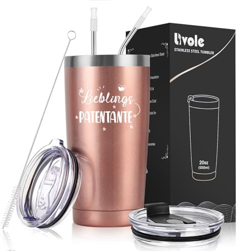 Livole Patentante Geschenk - Lieblings Patentante - Geschenke für Gottmutte, Tante, Paten, Frau, Frauen, Beste Gottmutte Geschenk, Tasse Tante Thermobecher, 600ml Isolierter Thermobecher Kaffee to go