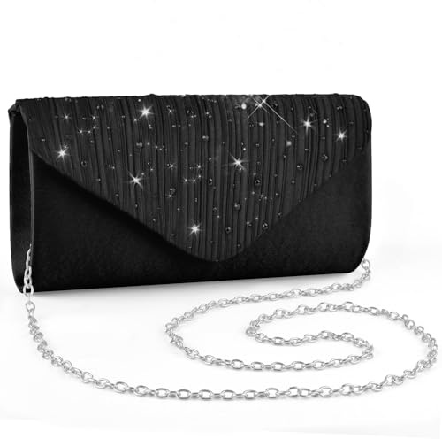 ERKOON Women Evening Clutch Bags, Prom Handbag Formal Party Clutches Wedding Purses Cocktail Promenade Shoulder with Detachable Strap (Black with Diamonds)