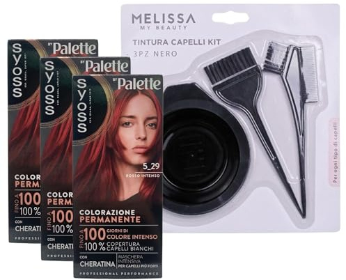 KIT TINTA CAPELLI: 3x Tinta Palette Colorazione Permanente, Crema Colorante Professionale, Copertura Capelli Bianchi, Sistema Anti-danni + Set Tinta Capelli da 3pz (5-29 Rosso Intenso)
