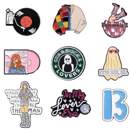 9-piece creative singer enamel pin set with storage box. Suitable for concerts. Era pins and friendship brooches are for collection and decoration. They are peripheral gifts for music lovers and fans