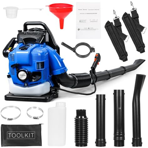 Soffiatore per foglie a benzina, trasportabile sulla schiena, 52 CC, 2 tempi, aspiratore per foglie con sistema anti-vibrazione, avvio manuale 1,25 KW, portatile, per terrazze giardini (arancione)