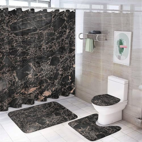 FJQWKLF 4 Pcs Shower Curtain Sets, Pink Rose Gold Blush Gold Black Marble Bathroom Sets with Shower Curtains, Non-Slip Bath Mat, Toilet Lid Cover and U Shape Mat 72 x 72
