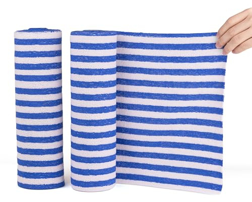 CLEANLUX 2x25 Pack - Commercial Grade Microfibre Cleaning Cloth Rolls - Reusable, Washable - Blue White Stripe Microfibre Cloths