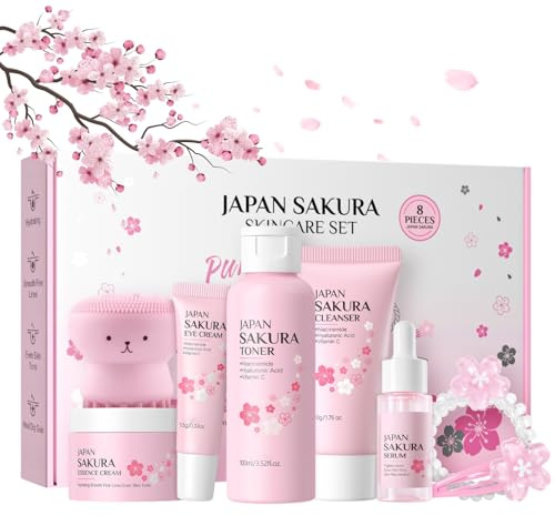 Sakura 8-Tlg Hautpflege Set für Teenager Mädchen, Hydrating Skincare Set, Beauty Geschenkset Frauen für Gesicht Reinigung & Skincare, Pflegeset Damen mit Reiniger,Toner,Serum,Gesichtscreme,Augenserum