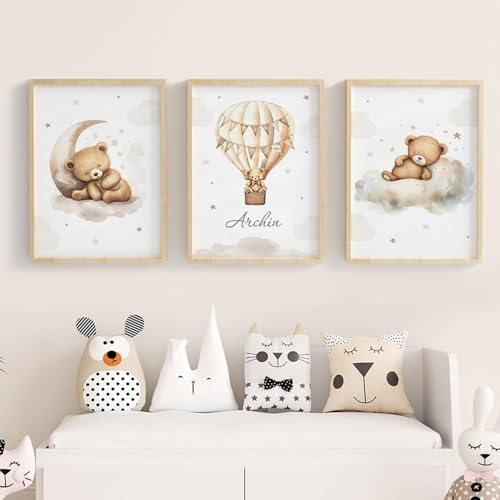 3 Poster für Babyzimmer Beige Bilder Teddybär 30 x 40 cm Bild Bär Kinderzimmer Wolke Heißluftballon Namen Personalisiert Leinwand Wanddekoration Kinder Baby Jungen
