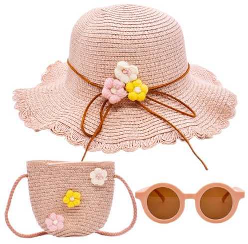 PLNVNVP Cappello da Spiaggia Estivo Set di Borse Cappello di Paglia Occhiali da Sole Rosa Cappello da Sole per Ragazze Bambini Turismo Vacanze Spiaggia attività All'aperto