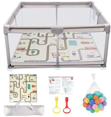 Laufstall Baby mit Spielmatte, 120x120 cm, Laufgitter Baby 300D Oxford Gewebe, Große Sicherheitsspielplatz, Innen&Außen Laufstall, für Krabbeln & Spielen