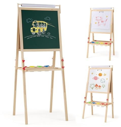 COSTWAY 3-in-1 Tafel Kinder, doppelseitige Kindertafel höhenverstellbar mit magnetischer Kreidetafel, Whiteboard, Papierrolle und 4 Farbbechern, Staffelei Standtafel für Kinder ab 3 Jahren