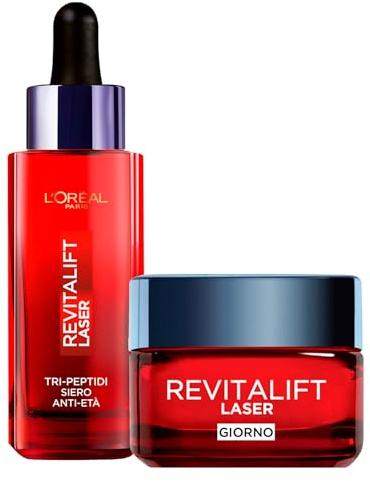 L'Oréal Paris Revitalift Laser Dreifach-Creme Anti-Aging Aufhellung 50ml + Revitalift Laser Tri-Peptidi Anti-Aging-Serum mit Hyaluronsäure und Vitamin C 30ml – 2er-Set