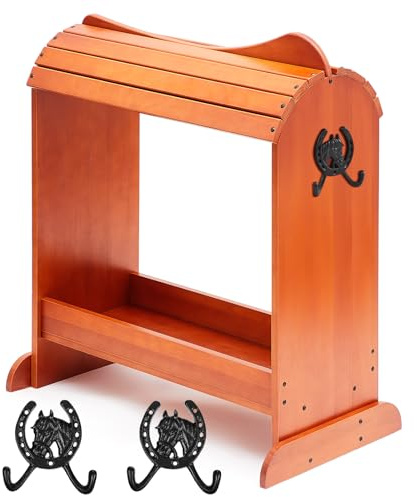 Threehoney Sattelständer aus Kiefernholz, Ständer für Westernsättel und Pferdezaumzeug, strapazierfähig, Zubehör mit 2 Haken (Farbversion, normal)