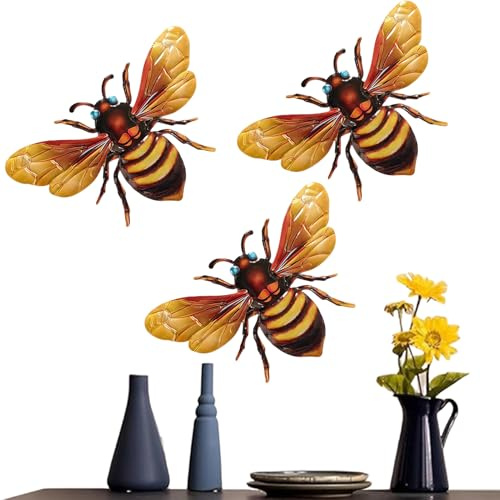 Bee Wall Decor - Durable Metal Insect Decoration, Steel Bee Acccent | 3x Weatherproof Bee Wall Sculptures with Rust Resistant Coating, Decorative Ornaments For Garden Fence Patio Entryway Balcony