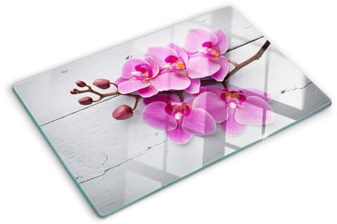 Glasschneidebrett 80x52 cm Rutschfest Silikonfüße Antibakteriell Plastikfrei Gehärtetes Glas Hitzebeständig für die Küche Dünn Glasplatte Lebensmittelecht Dekorativ - Orchidee auf Holz