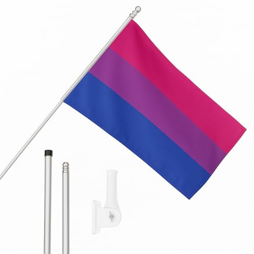Bisexual Flag, Flagpole and Wall Mount Set - 5ft x 3ft Bisexual Flag with Grommets, Extendable Pole and Mount - Pride Month Indoor Outdoor Decoration LGBTQ+ Festivals and Celebrations