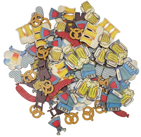 BEELUKY Oktoberfest Deko 100 Stück Edelweiss Bier Dirndl Brezel Streudeko Oktoberfest Holz,Konfetti Bayern Streuteile,Bierkrug, Breze,Herz,Dirndl,Lederhose für Bayrische Oktoberfest Party