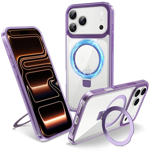 Flyzoo Magnetic Kickstand Case for iPhone 17 Pro Max, [Compatible with MagSafe & Invisible Ring Stand Holder] [Non-Yellowing & Shockproof] Transparent Hard Silicone Edge Cover, 6.9'', Clear Purple