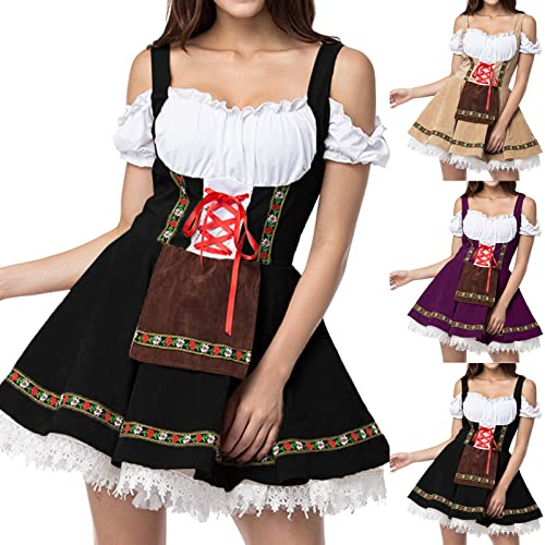 Oktoberfest Outfit Women Traditional Beer Girl Oktoberfest Costume Plus Size Off Shoulder Short Sleeve Tie Up German Dirndl Dress Carnival Halloween Bar Waitress Cosplay Beer Maid Fancy Dress Black