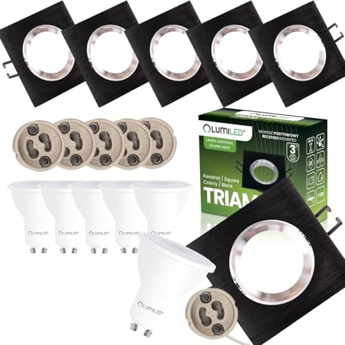 Lumiled 6er Set LED Einbaustrahler GU10 6W Warmweiß 3000K Schwenkbar 85mm Ultra Flach Aluminium Eckig Schwarz Gebürstet 230V Inkl. GU10 Fassung & LED Leuchtmittel Decken Einbauleuchten für Wohnzimmer