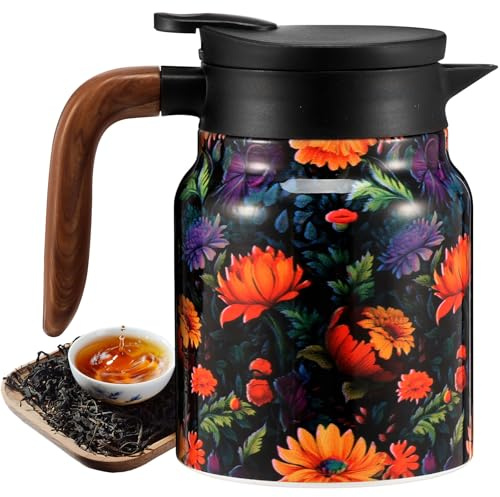 Vintage Floral Teapot, 1L Stainless Steel Thermal Tea Pot Coffee Jug with Built in Infuser and Wooden Handle for Hot Drink Insulated Coffee Carafe for Home Kitchen Office Daily Needs