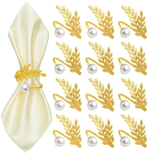 Keilend Gold Napkin Rings 12 Pcs Elegant Wheat & Pearl Napkin Holders, Metal Serviette Rings for Christmas Wedding Party Table Decorations