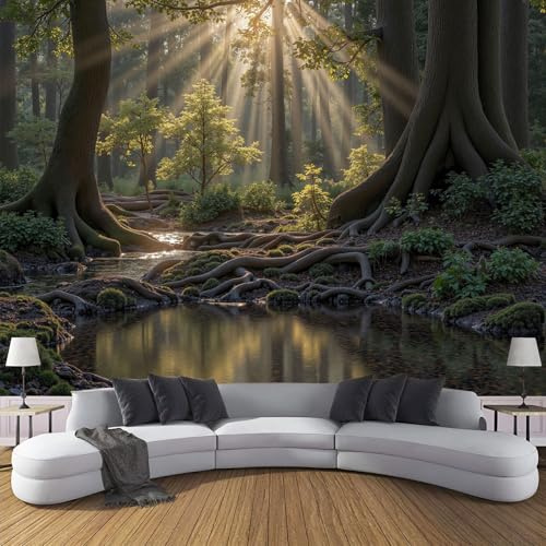Carta da Parati Ruscello Della Foresta Pomeridiana 250x175cm - Fotomurali in Seta Foresta Tranquilla Decorazione da Muro XXL Poster Gigante per Per Soggiorno Tv Sfondo Muro Decorazioni, Giallo-Verde