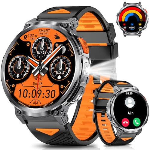 PODOEIL 1.85 Big Screen Military Smart Watch for Men with Flashlight, 730mAh Large Battery, IP68 Waterproof, Bluetooth Calling, 114 Sports Modes, Heart Rate/Sleep Monitor for iOS Android