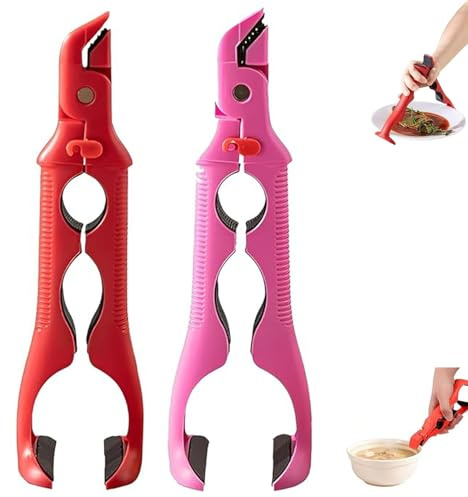 2 PCS Hot Plate Gripper, Plate Gripper, 3-in-1 Anti-Scald Bowl Holder Clip, Anti Scald Bowl Gripper, for Microwave and Oven Use, Handling of Hot Dishes and Can Opening Tasks, Red and Rose Color