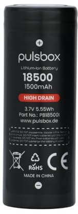 pulsbox IMR High Drain 18500 - Batería de iones de litio (1500 mAh, 3,6 V, 3,7 V, polo positivo plano) (22 A)