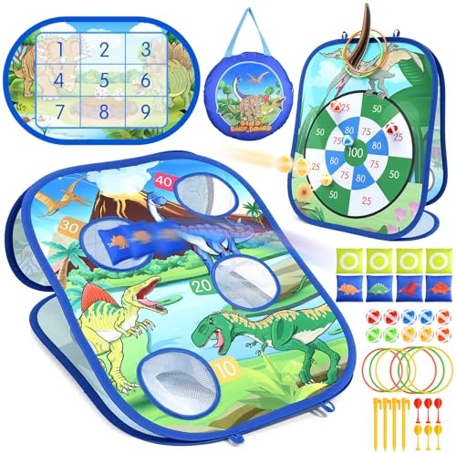 HappyKidsClub 5-i-1 dinosaurie kastspel, dartmål, barn, pojke, 3–7 år, strandspel utomhus barn trädgård strand, födelsedagspresent pojke barn 3-8 år