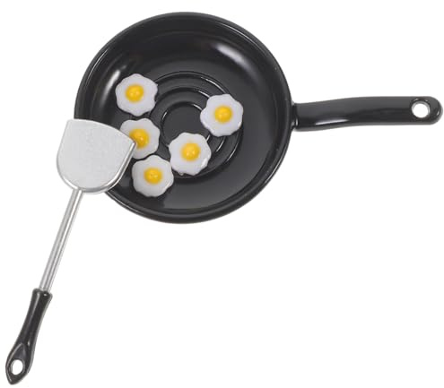 HONITANO Dollhouse Miniature Frying Pan Kitchen Accessory with Fried Eggs Metal Simulation Cookware for Pretend Play Doll House Supplies