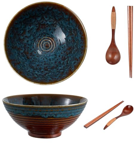 Yuecda 2 Sets 8 Inch Ceramic Ramen Bowl Set of 2, 40oz Japanese Bowls with Spoons & Chopsticks,Durable,Microwave & Dishwasher Safe,Perfect for Ramen,Pho,Salad,Soup,Noodles，Mixing Bowls（Peacock Tail）