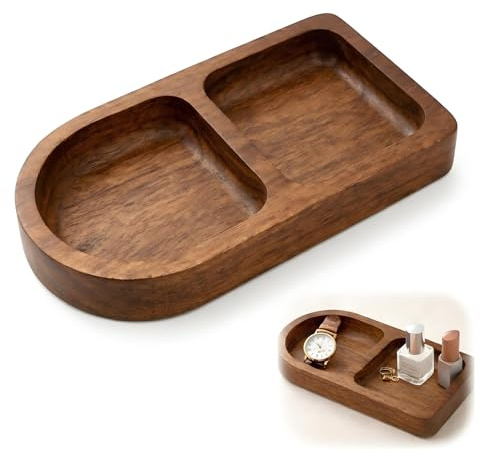 Wooden Vanity Storage Tray, Brown Oblong Organiser With 2 Compartments