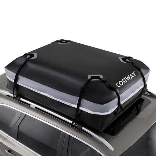 COSTWAY Dachbox Auto, 600 Liter Dachkoffer wasserdicht, Gepäckbox mit Anti-Rutsch-Matte, 6 Türhaken, Schloss & Tragetasche, tragbare Dachtasche XXL für Autos mit/ohne Gepäckträger (Grau)