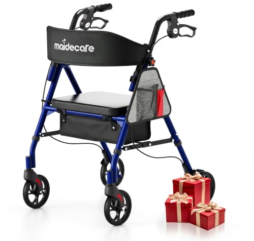 Maidecare Andador con Asiento y Ruedas para Ancianos, 4 Ruedas para Personas Mayores y Discapacitados, Asiento y Asa Ajustables en Altura, Rodador Interior, con Freno, Cesta, Azul