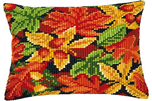 Vervaco Kreuzstich Stickpackungen Kissen Stickerei Set Anfänger Vorgedruckt Herbstlaub DIY Set Kreativ Set Für Erwachsene Dekoratives Kissen ca. 40 x 40 cm Bastelset Handwerker Haus Dekoration