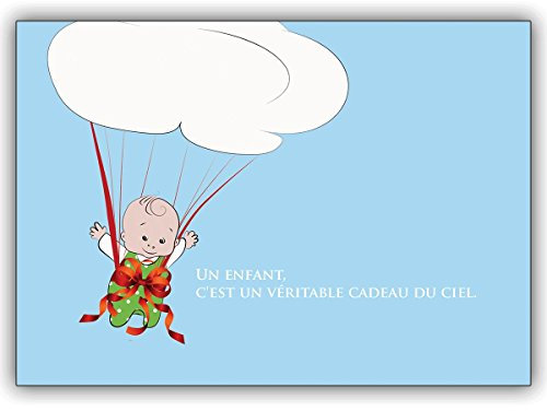 Kartenkaufrausch 10x Französische Babykarte mit Fallschirm Baby und Wolke: Un enfant, c'est un ... • hübsche Willkommens Grusskarte, Gratulationskarte zur Geburt für Mutter und Kind