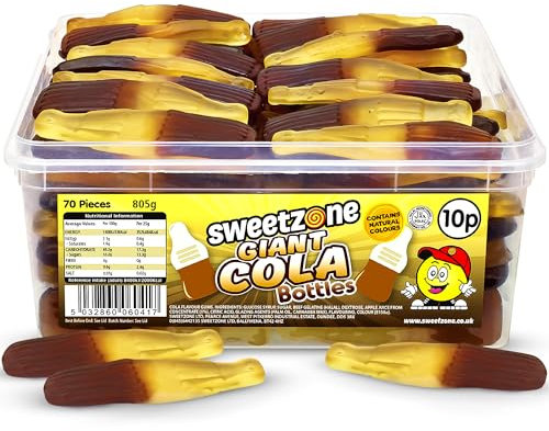 Sweetzone Giant Cola Bottles, Halal Gummy Tub, 805g 70 pcs, Bulk Retro Candy, Jelly Cola Bottle Sweets, Tubs of Fun Old Fashioned Sweets, Wine Gums and Fizzy Sweet Tub, Perfect for Any Occasion