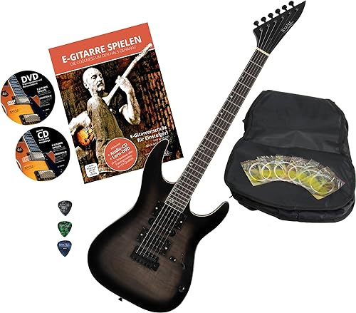 Rocktile Pro J150-TB E-Gitarre Transparent Black mit Zubehör (Gitarren Gigbag Tasche, Kabel, Plektren, Gitarren Schule mit CD & DVD, Gitarrensaiten)