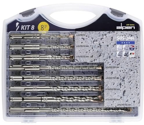 Alpen, Punta SDS-Plus per trapano demolitore F4 forte, 2 taglietni, ø 5, 6, 8 x 110 mm, 6, 8, 10, 12 x 160 mm e 8 x 210 mm, 8 pz, 80704100100
