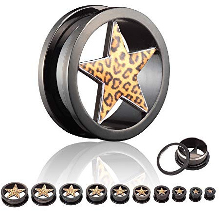 Treuheld | Leo Stern Flesh Tunnel zum Schrauben - SCHWARZ - 13 Größen: 6-30mm - Leopard Fell - Edel-Stahl - Ohr-Tunnel schraubbar mit Gewinde - Piercing Ohr-Plug - Chirurgen-Stahl 316-L