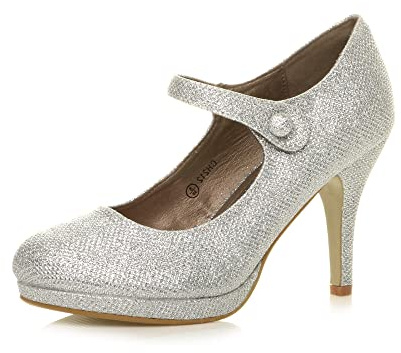 Ajvani Dam damer medelhög klack Mary Jane kväll arbetsplattform brud fest bal domstol skor storlek., Silver Mesh Glitter, 40 EU