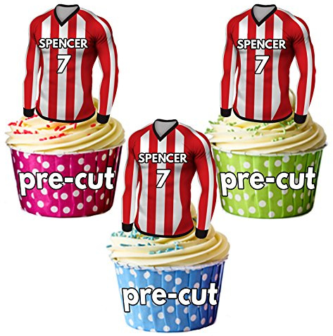 AK Giftshop PRECUT Personalised Edible Football Shirts With Your Chosen NAME & NUMBER - Cupcake Toppers/Cake Decorations Red, White and Black Shirt Top (Pack of 24)