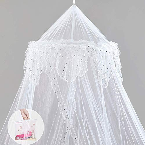 Home and More Store Lit à baldaquin de Princesse avec des Paillettes Argent Magnifiques -lit à baldaquin pour Enfants en Blanc - Rapide et Facile à accrocher Accessoires pour la Chambre des Filles