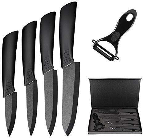 Ballery keramikmesser, Keramikmesser Set mit Schutzhülle, Küchenmesser Set mit 4-teilig Messer und 1 Sparschäler, Kochmesser Sets für Fleisch, Obst, Gemüse - Schwarz