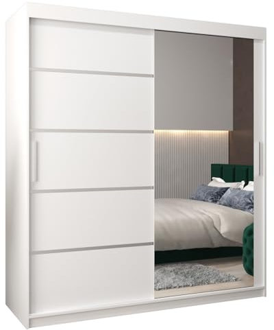 MEBLE KRYSPOL Kleiderschrank mit Spiegel Verona 2 - Garderobenschrank - Schrank Schlafzimmer - Mehrzweckschrank Zwei Schiebetüren - Regalen - Flur Möbel - Kleiderstange Schrank - Allzweckschrank